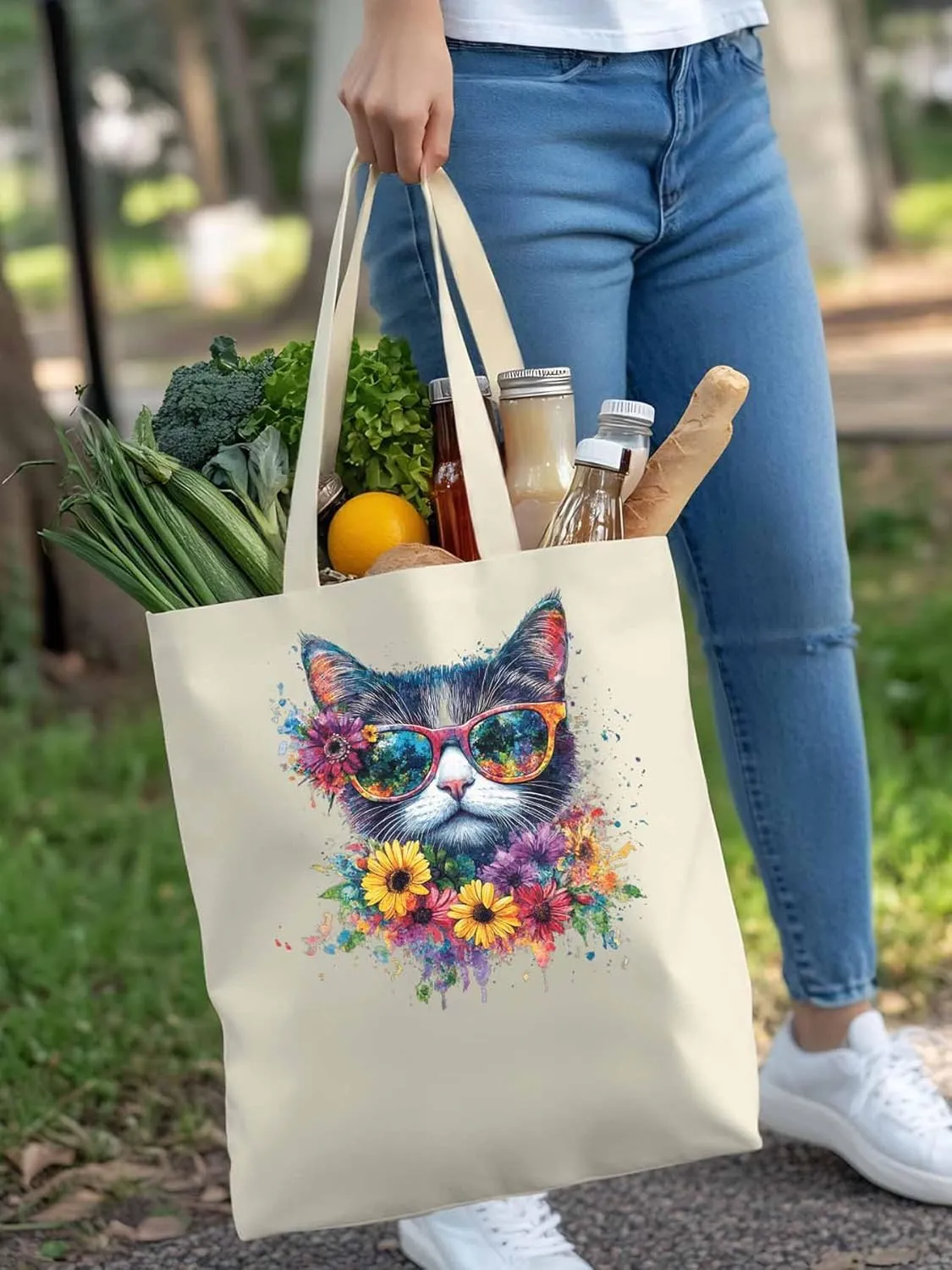 Canvas Tote Bag, Watercolor Cat Sunflowers patterned Canvas Tote Handbags for Women Shoulder Bag,