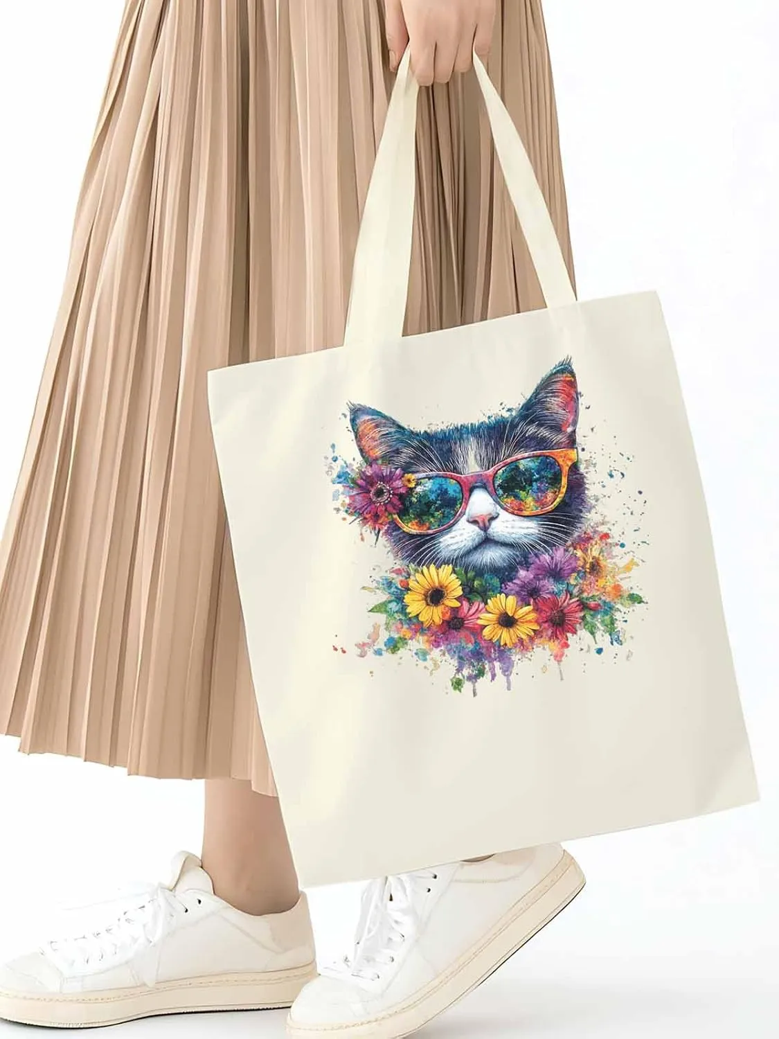 Canvas Tote Bag, Watercolor Cat Sunflowers patterned Canvas Tote Handbags for Women Shoulder Bag,