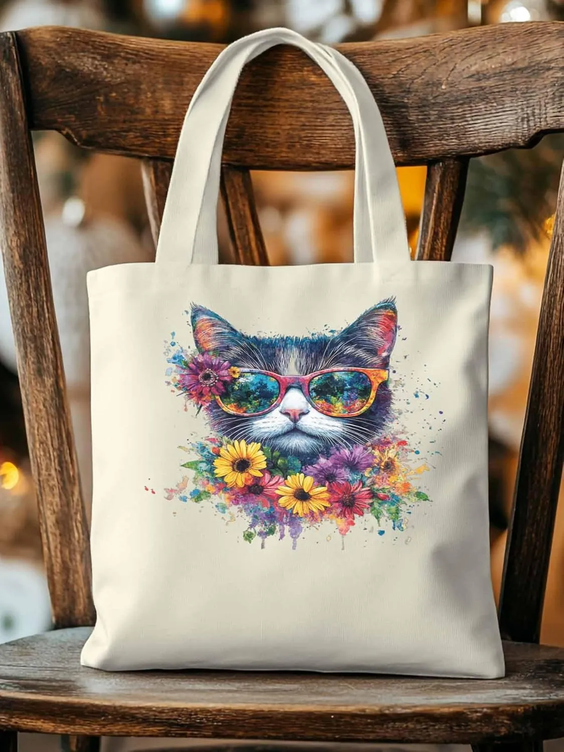 Canvas Tote Bag, Watercolor Cat Sunflowers patterned Canvas Tote Handbags for Women Shoulder Bag,