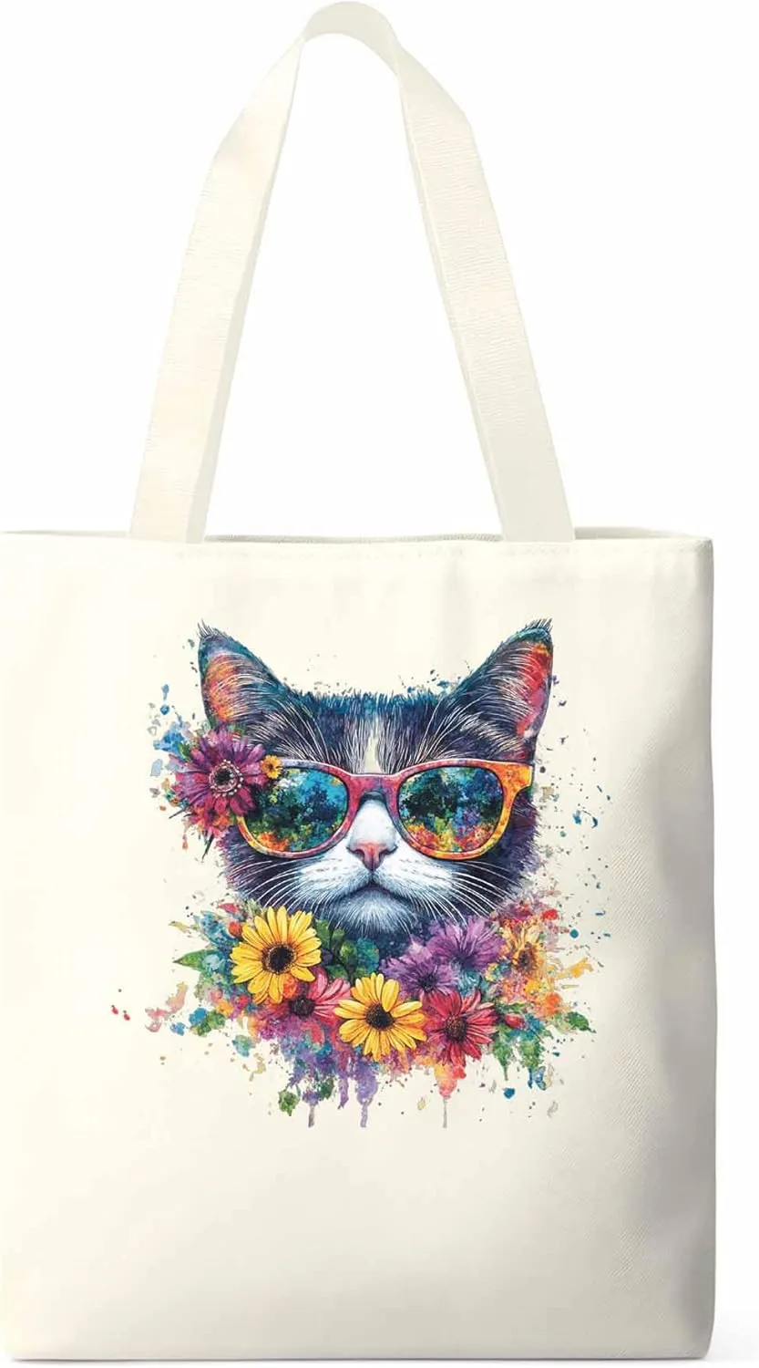 Canvas Tote Bag, Watercolor Cat Sunflowers patterned Canvas Tote Handbags for Women Shoulder Bag,