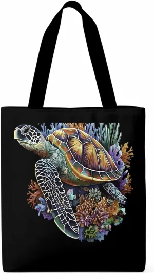 Canvas Tote Bag, Watercolors Corals Sea Turtles Aesthetic Canvas Tote Handbags for Women Shoulder Bag