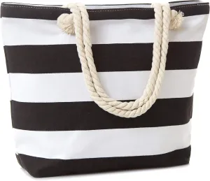 Canvas Tote Beach Bag, Rope Handle Water Resistant Shoulder Bag (Black Stripe)