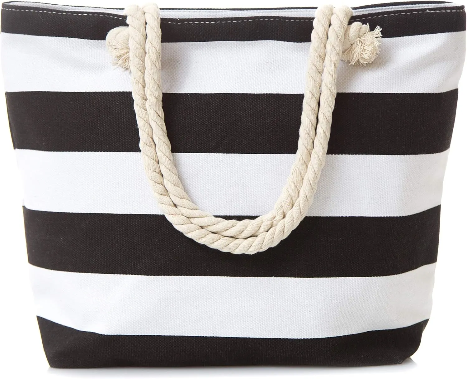 Canvas Tote Beach Bag, Rope Handle Water Resistant Shoulder Bag (Black Stripe)