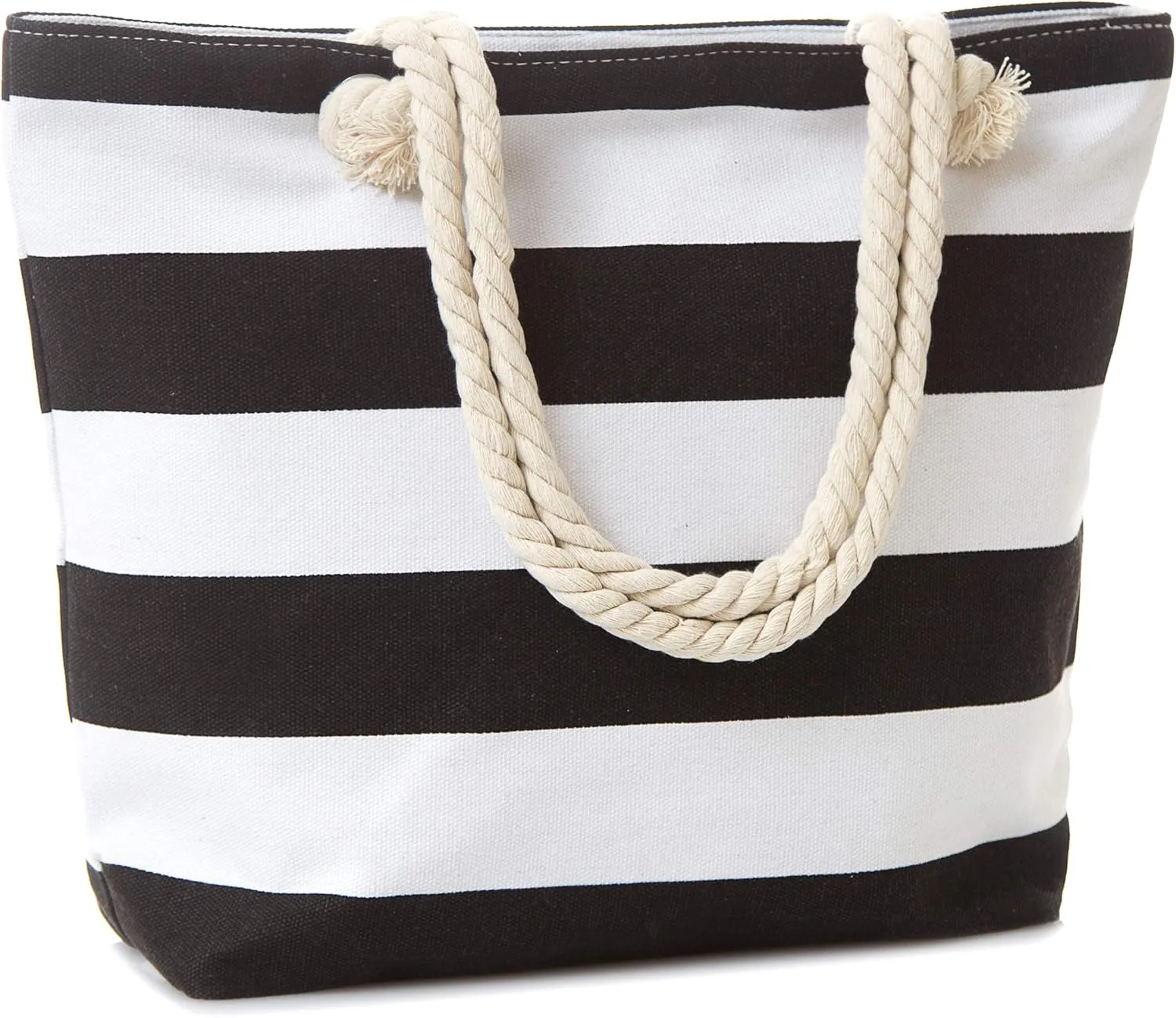 Canvas Tote Beach Bag, Rope Handle Water Resistant Shoulder Bag (Black Stripe)