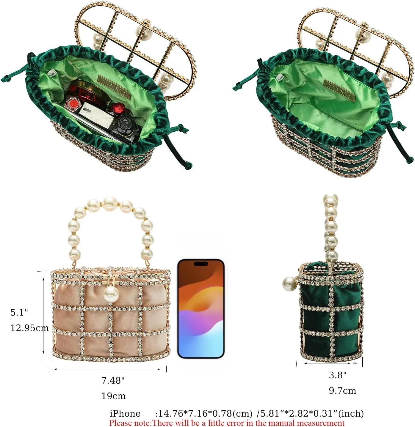 CARIEDO Evening Handbag Women Clutch Purses with Pearl Diamonds for Wedding Prom Birthday Party Dinner Accessories