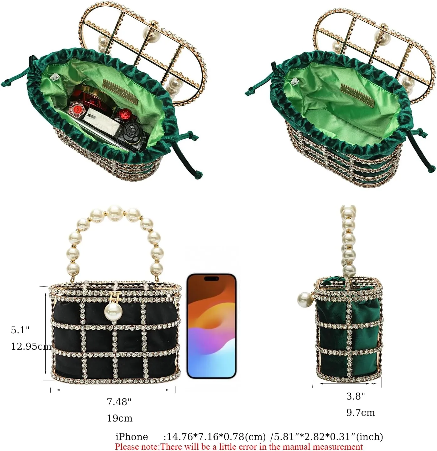 CARIEDO Evening Handbag Women Clutch Purses with Pearl Diamonds for Wedding Prom Birthday Party Dinner Accessories