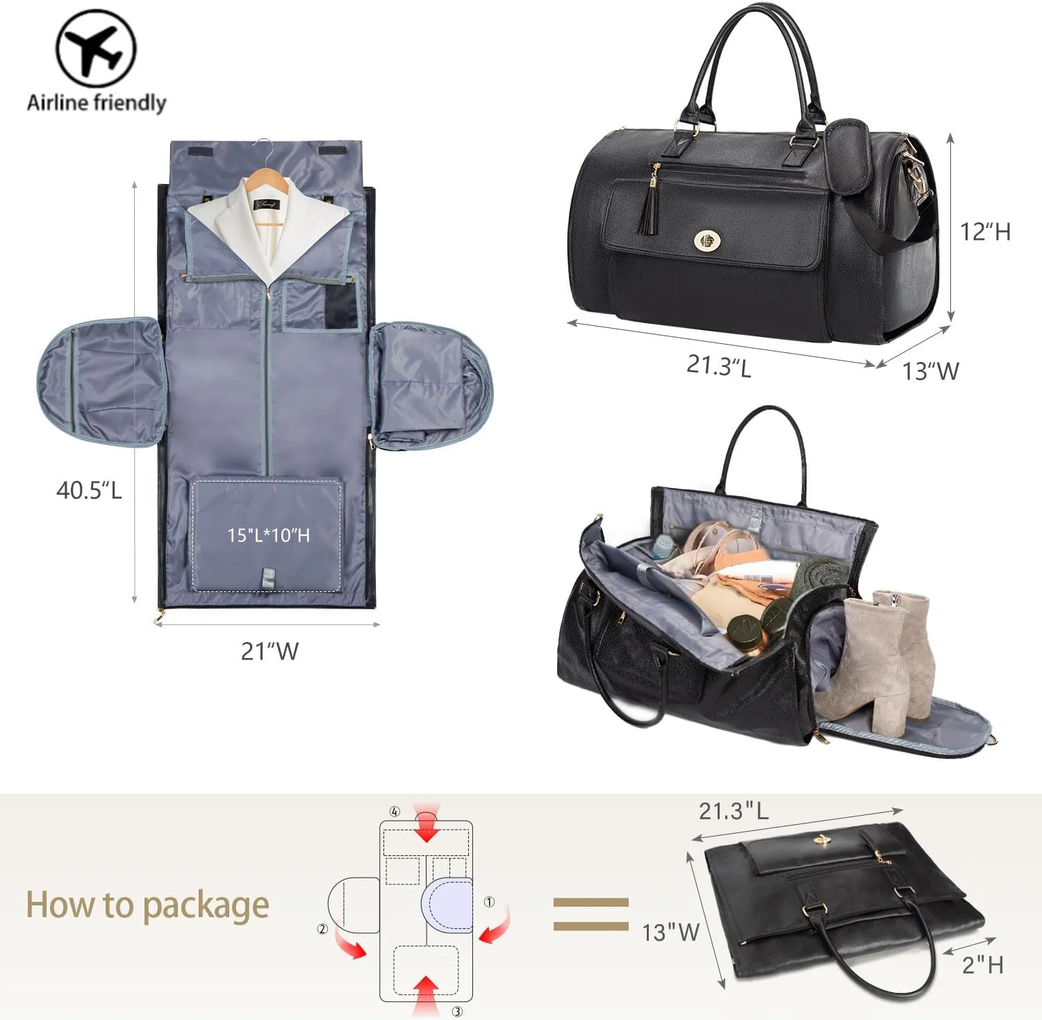Carry on Garment Duffle Bag for Travel, 2 in 1 Hanging Suitcase Suit Bag for Women, Garment Bag Duffle Bag Combo with Shoe Pouch, Gifts for Women (A-Black)