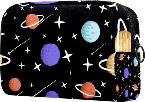 Cartoon Planets Stars Meteor Pattern Cosmetic Makeup Bags, Small Travel Zipper Pouch Portable Toiletry Bag Makeup Organizer for Women Teen Girls