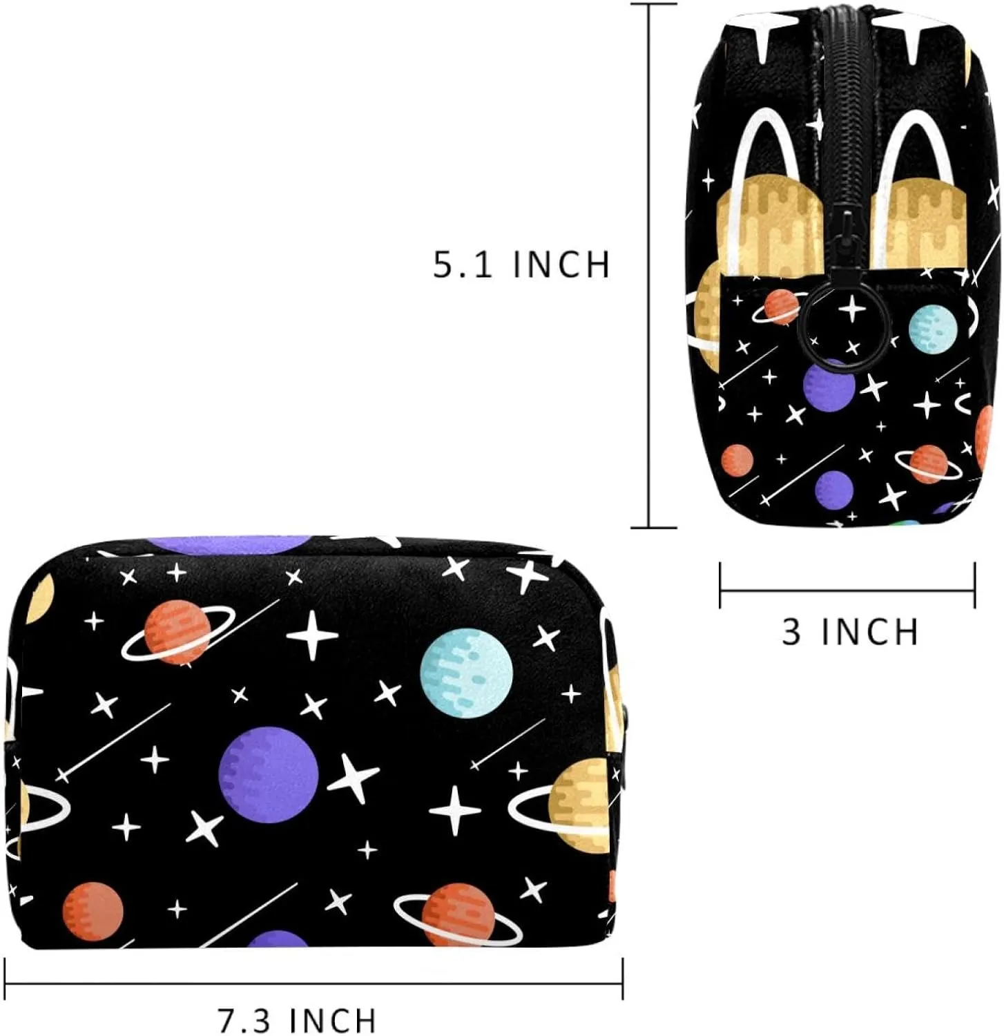 Cartoon Planets Stars Meteor Pattern Cosmetic Makeup Bags, Small Travel Zipper Pouch Portable Toiletry Bag Makeup Organizer for Women Teen Girls