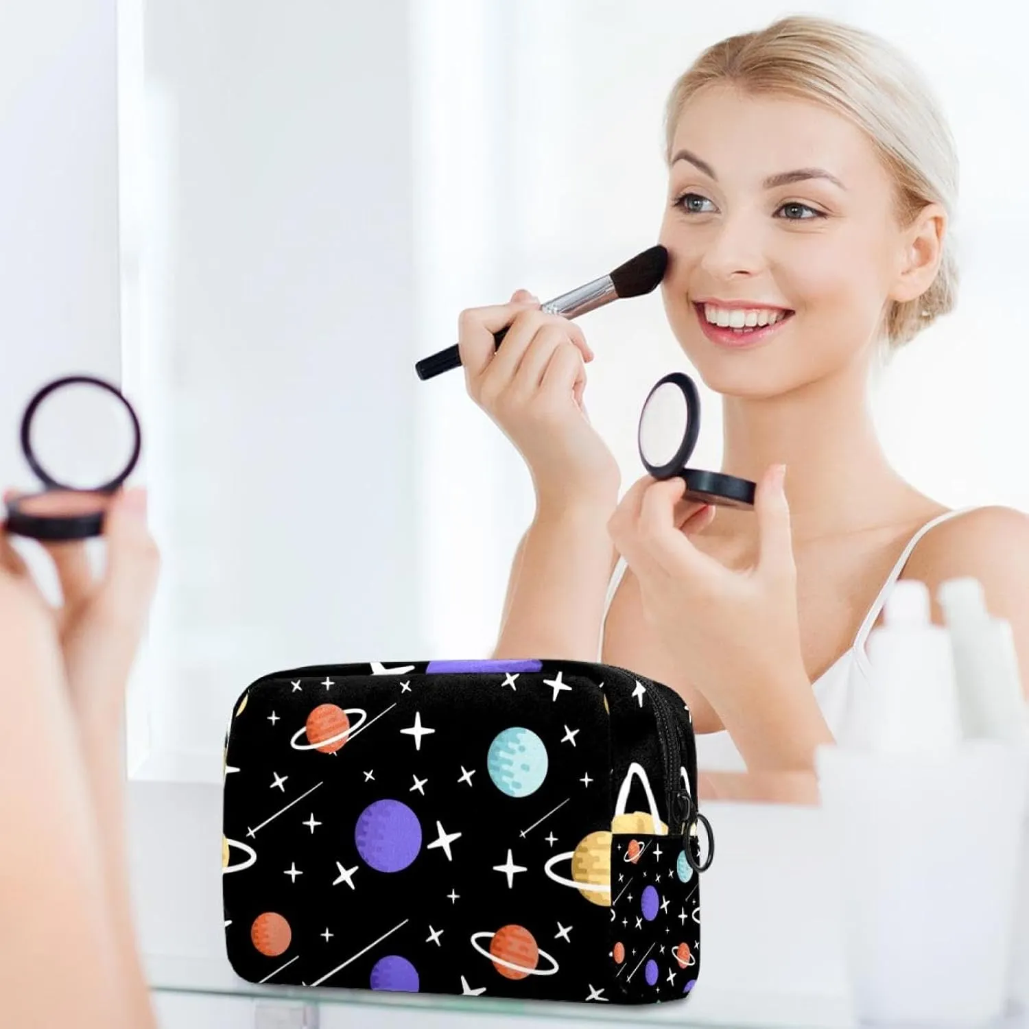 Cartoon Planets Stars Meteor Pattern Cosmetic Makeup Bags, Small Travel Zipper Pouch Portable Toiletry Bag Makeup Organizer for Women Teen Girls