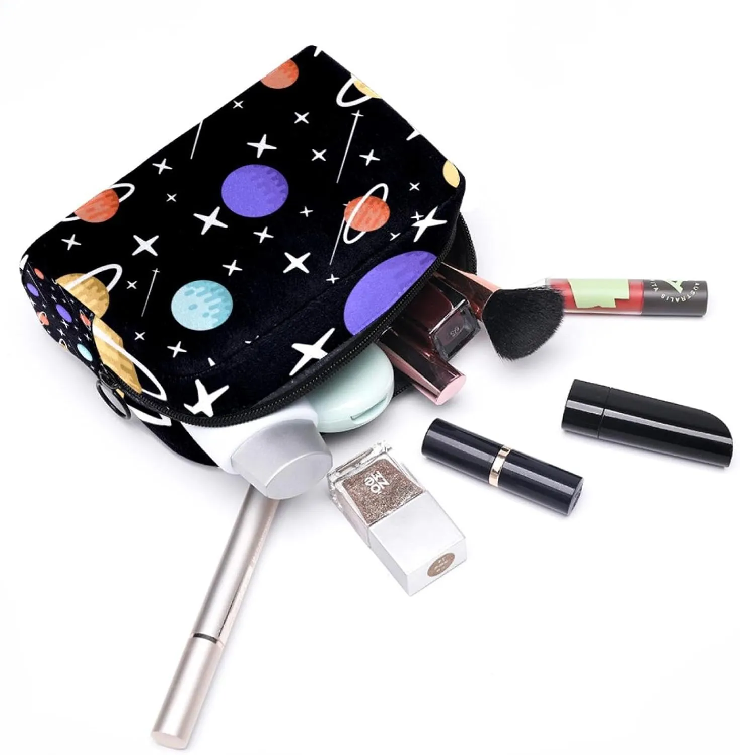 Cartoon Planets Stars Meteor Pattern Cosmetic Makeup Bags, Small Travel Zipper Pouch Portable Toiletry Bag Makeup Organizer for Women Teen Girls