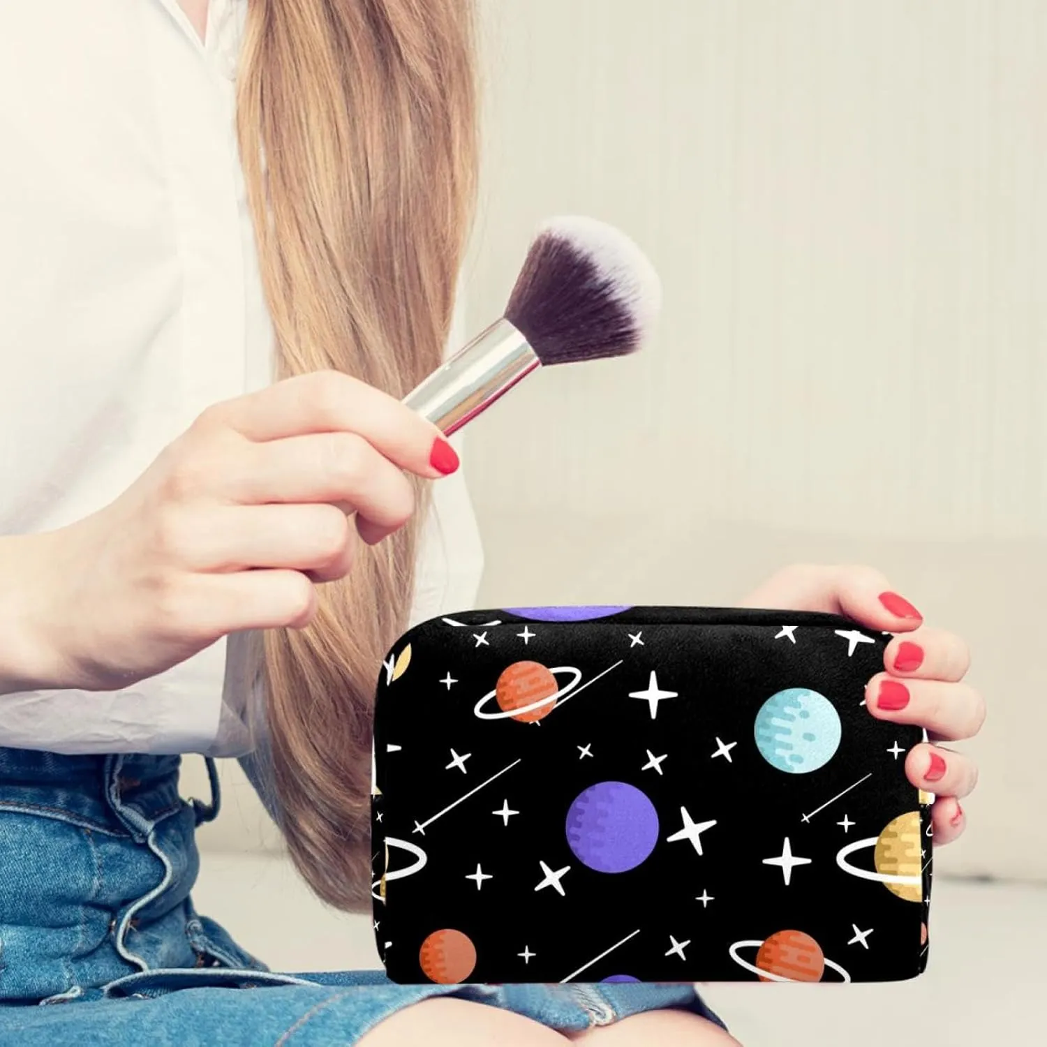 Cartoon Planets Stars Meteor Pattern Cosmetic Makeup Bags, Small Travel Zipper Pouch Portable Toiletry Bag Makeup Organizer for Women Teen Girls