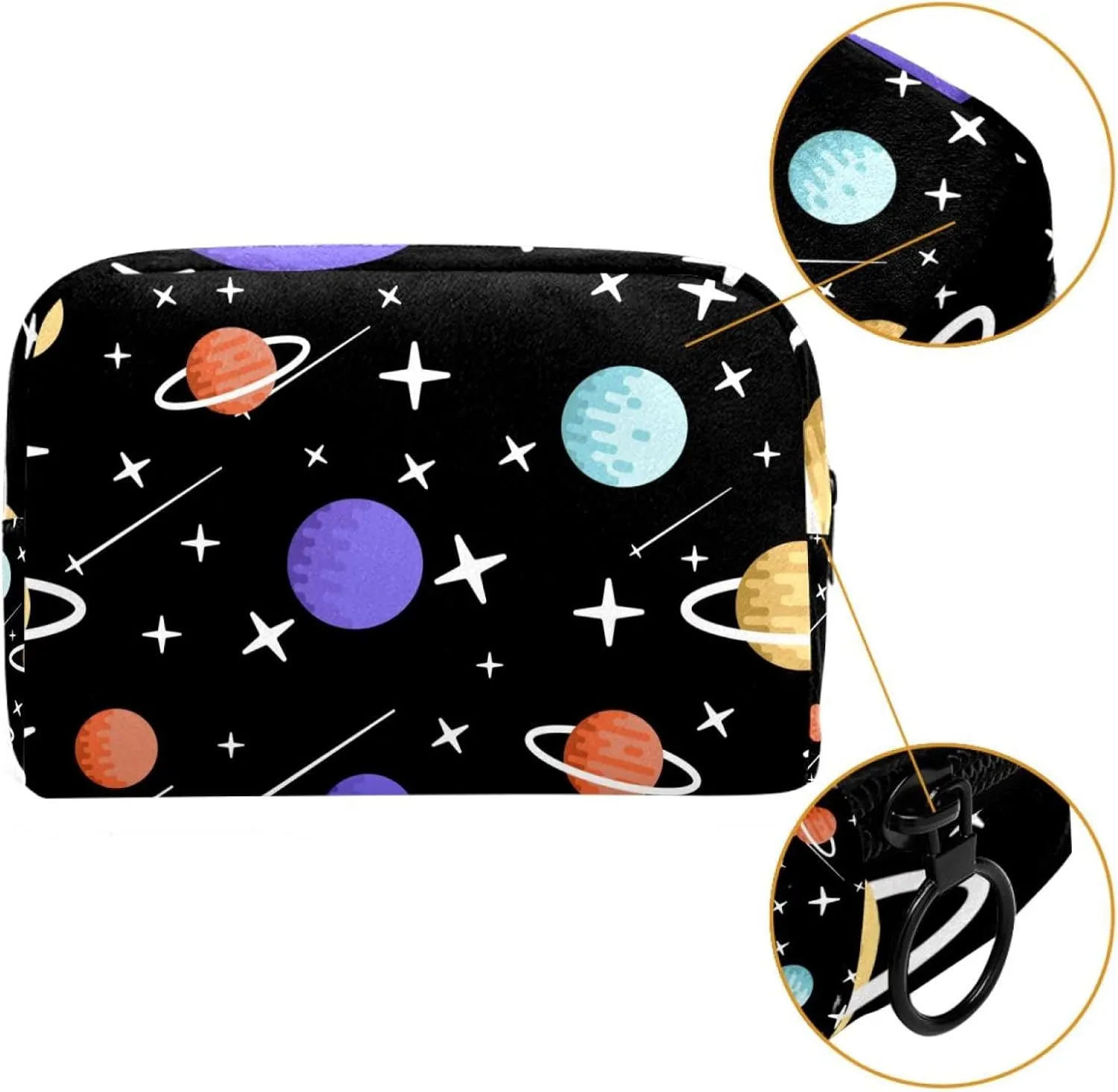 Cartoon Planets Stars Meteor Pattern Cosmetic Makeup Bags, Small Travel Zipper Pouch Portable Toiletry Bag Makeup Organizer for Women Teen Girls