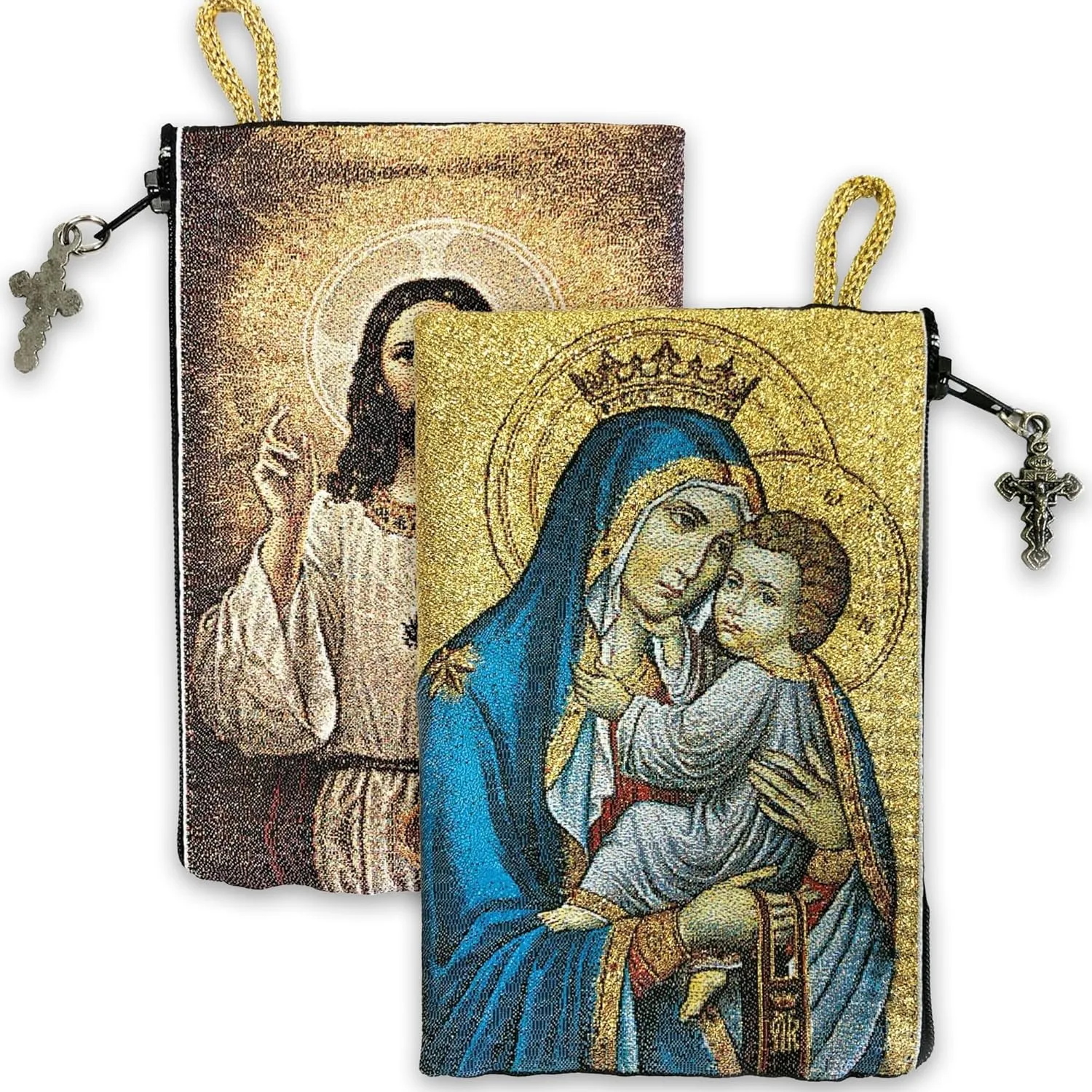 Catholic Rosary Pouch, Our Lady of Mount Carmel & Sacred Heart of Jesus, 4" x 6" Jewelry & Coin Purse with Cross, Small Woven Tapestry Icon Bag, Bolsa de Rosario Católico para Joyería
