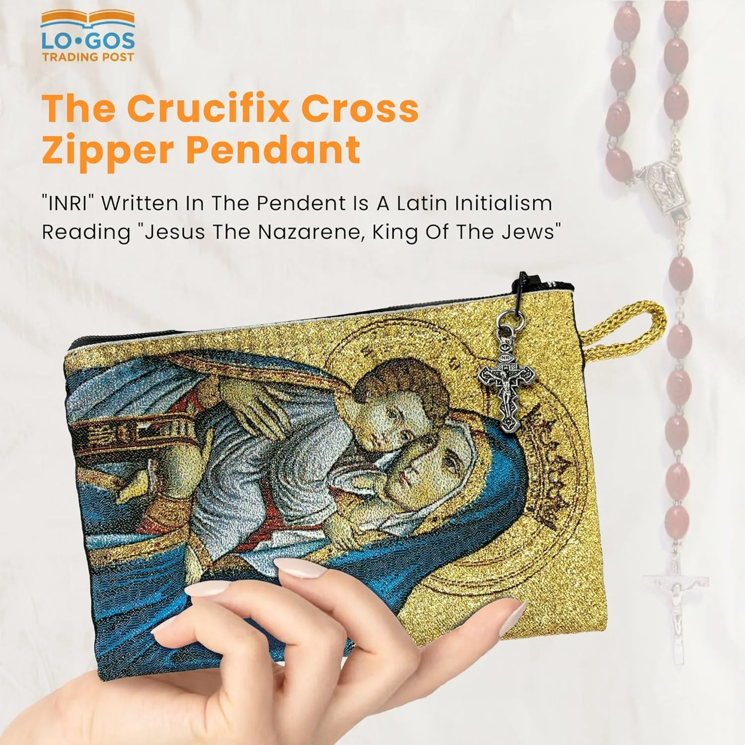Catholic Rosary Pouch, Our Lady of Mount Carmel & Sacred Heart of Jesus, 4" x 6" Jewelry & Coin Purse with Cross, Small Woven Tapestry Icon Bag, Bolsa de Rosario Católico para Joyería