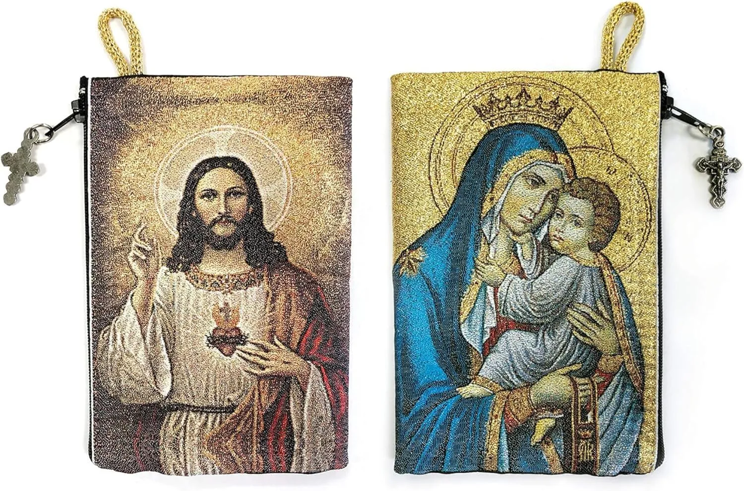 Catholic Rosary Pouch, Our Lady of Mount Carmel & Sacred Heart of Jesus, 4" x 6" Jewelry & Coin Purse with Cross, Small Woven Tapestry Icon Bag, Bolsa de Rosario Católico para Joyería