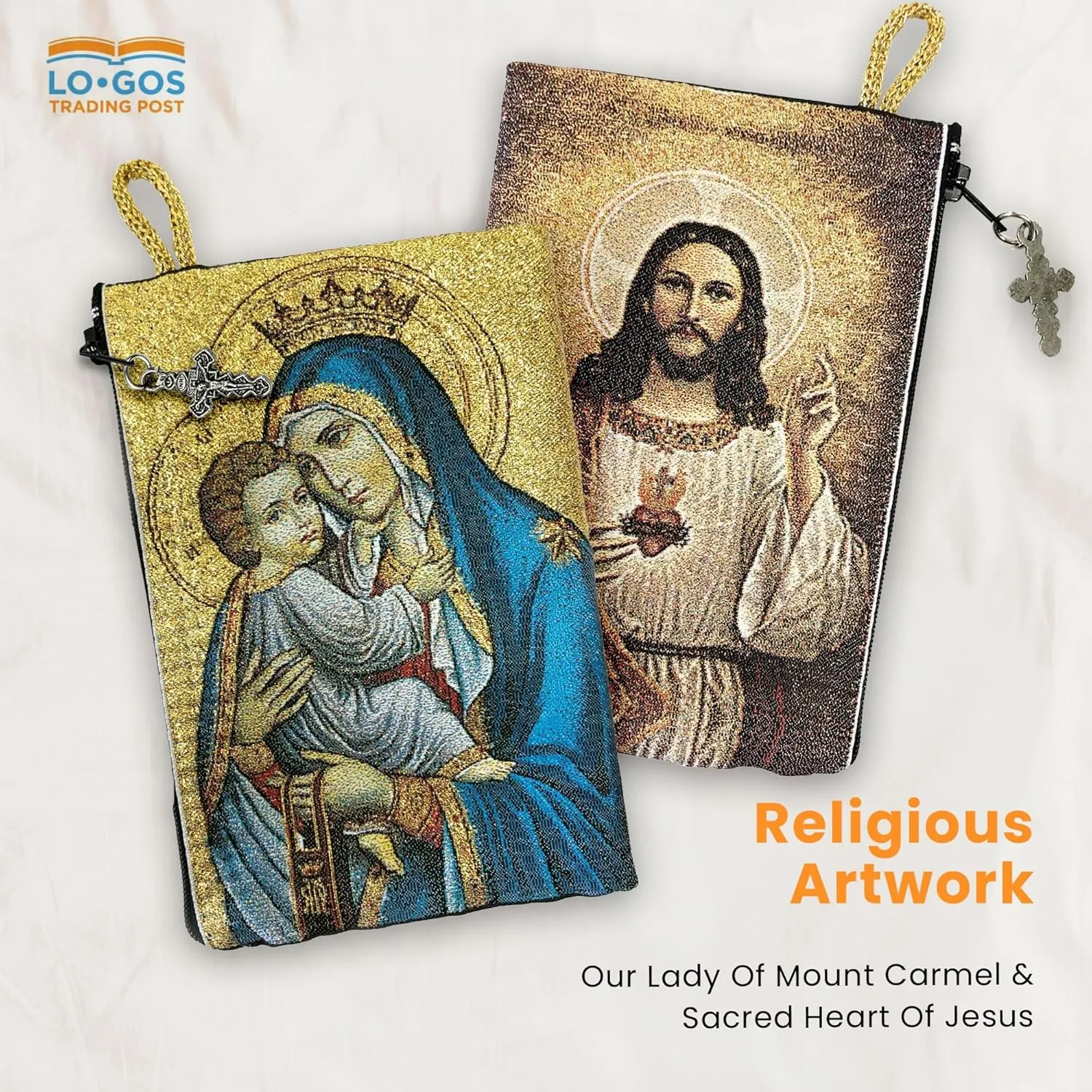Catholic Rosary Pouch, Our Lady of Mount Carmel & Sacred Heart of Jesus, 4" x 6" Jewelry & Coin Purse with Cross, Small Woven Tapestry Icon Bag, Bolsa de Rosario Católico para Joyería