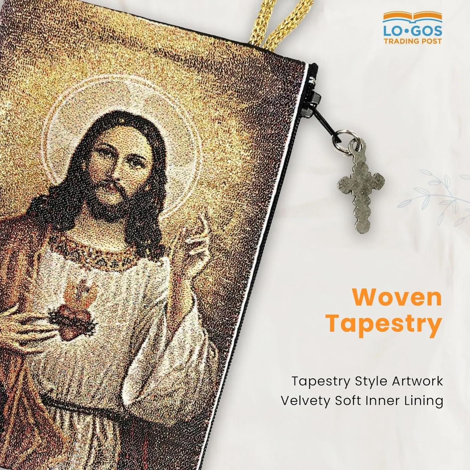 Catholic Rosary Pouch, Our Lady of Mount Carmel & Sacred Heart of Jesus, 4" x 6" Jewelry & Coin Purse with Cross, Small Woven Tapestry Icon Bag, Bolsa de Rosario Católico para Joyería