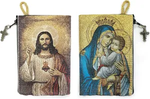 Catholic Rosary Pouch, Our Lady of Mount Carmel & Sacred Heart of Jesus, 4" x 6" Jewelry & Coin Purse with Cross, Small Woven Tapestry Icon Bag, Bolsa de Rosario Católico para Joyería