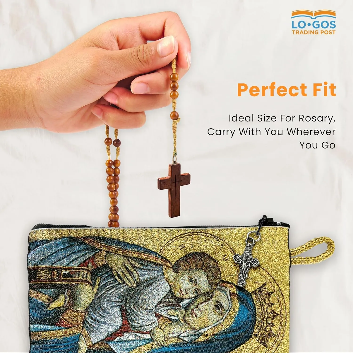 Catholic Rosary Pouch, Our Lady of Mount Carmel & Sacred Heart of Jesus, 4" x 6" Jewelry & Coin Purse with Cross, Small Woven Tapestry Icon Bag, Bolsa de Rosario Católico para Joyería