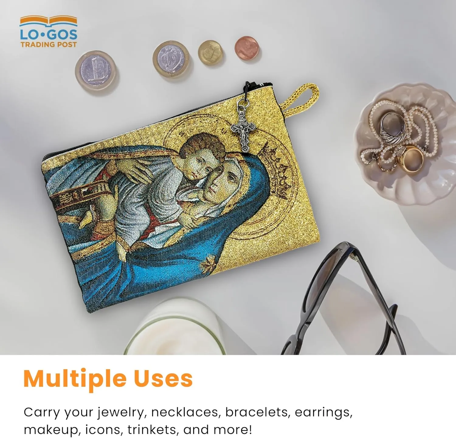 Catholic Rosary Pouch, Our Lady of Mount Carmel & Sacred Heart of Jesus, 4" x 6" Jewelry & Coin Purse with Cross, Small Woven Tapestry Icon Bag, Bolsa de Rosario Católico para Joyería