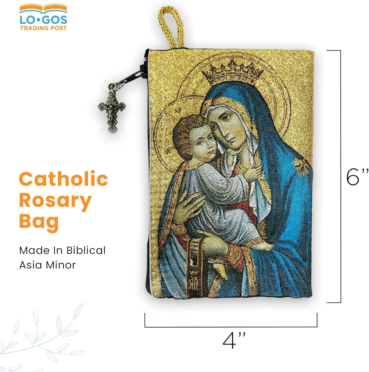 Catholic Rosary Pouch, Our Lady of Mount Carmel & Sacred Heart of Jesus, 4" x 6" Jewelry & Coin Purse with Cross, Small Woven Tapestry Icon Bag, Bolsa de Rosario Católico para Joyería