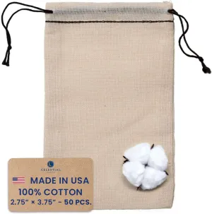 Celestial Gifts Muslin Bags - Drawstring Bags Small 50pcs - 2.75x3.75", Reusable Tea, Jewelry, Gift, Spice Sachet Bags - 100% Cotton - Made in USA - (Black Hem & Double Drawstring)