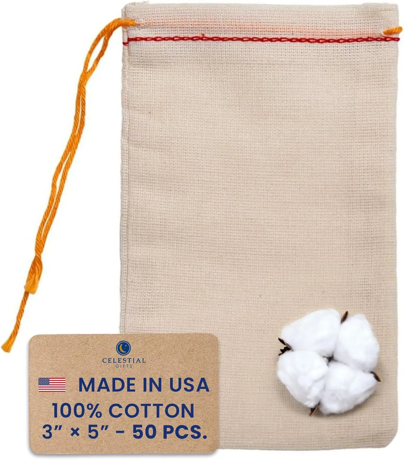 Celestial Gifts Muslin Bags - Drawstring Bags Small 50pcs - 3x5, Reusable Tea, Jewelry, Gift, Spice and Sachet Bag - 100% Cotton - Made in USA - (Red Hem & Orange Drawstring)
