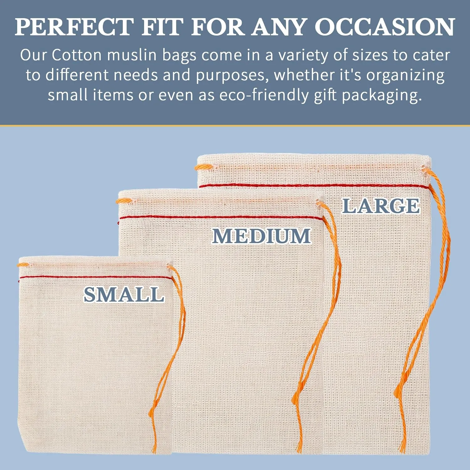 Celestial Gifts Muslin Bags - Drawstring Bags Small 50pcs - 3x5, Reusable Tea, Jewelry, Gift, Spice and Sachet Bag - 100% Cotton - Made in USA - (Red Hem & Orange Drawstring)