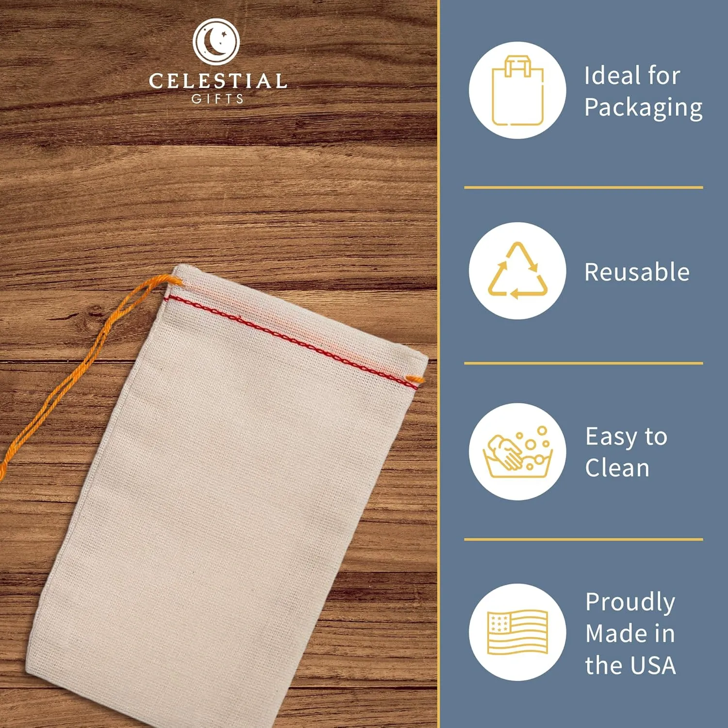Celestial Gifts Muslin Bags - Drawstring Bags Small 50pcs - 3x5, Reusable Tea, Jewelry, Gift, Spice and Sachet Bag - 100% Cotton - Made in USA - (Red Hem & Orange Drawstring)