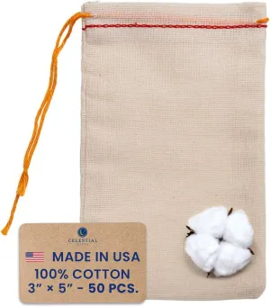 Celestial Gifts Muslin Bags - Drawstring Bags Small 50pcs - 3x5, Reusable Tea, Jewelry, Gift, Spice and Sachet Bag - 100% Cotton - Made in USA - (Red Hem & Orange Drawstring)