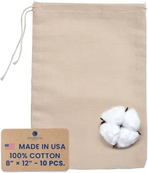 Celestial Gifts Muslin Bags with Drawstring 10pcs, 8x12 - Large Drawstring Bags Bulk - Drawstring Gift Bags for Party Favor and DIY Craft - 100% Cotton - Made in USA - (Natural Hem & Drawstring)