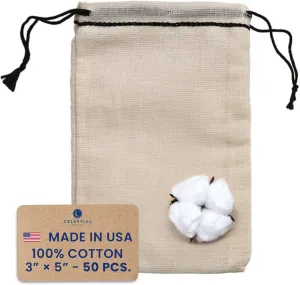 Celestial Gifts Muslin Drawstring Bags - Small 50pcs - Reusable Tea, Jewelry & Spice Gift Sachets - 100% Cotton - Made in USA - Black & Drawstring