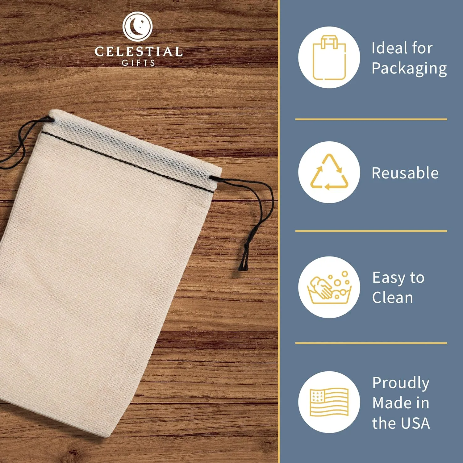 Celestial Gifts Muslin Drawstring Bags - Small 50pcs - Reusable Tea, Jewelry & Spice Gift Sachets - 100% Cotton - Made in USA - Black & Drawstring