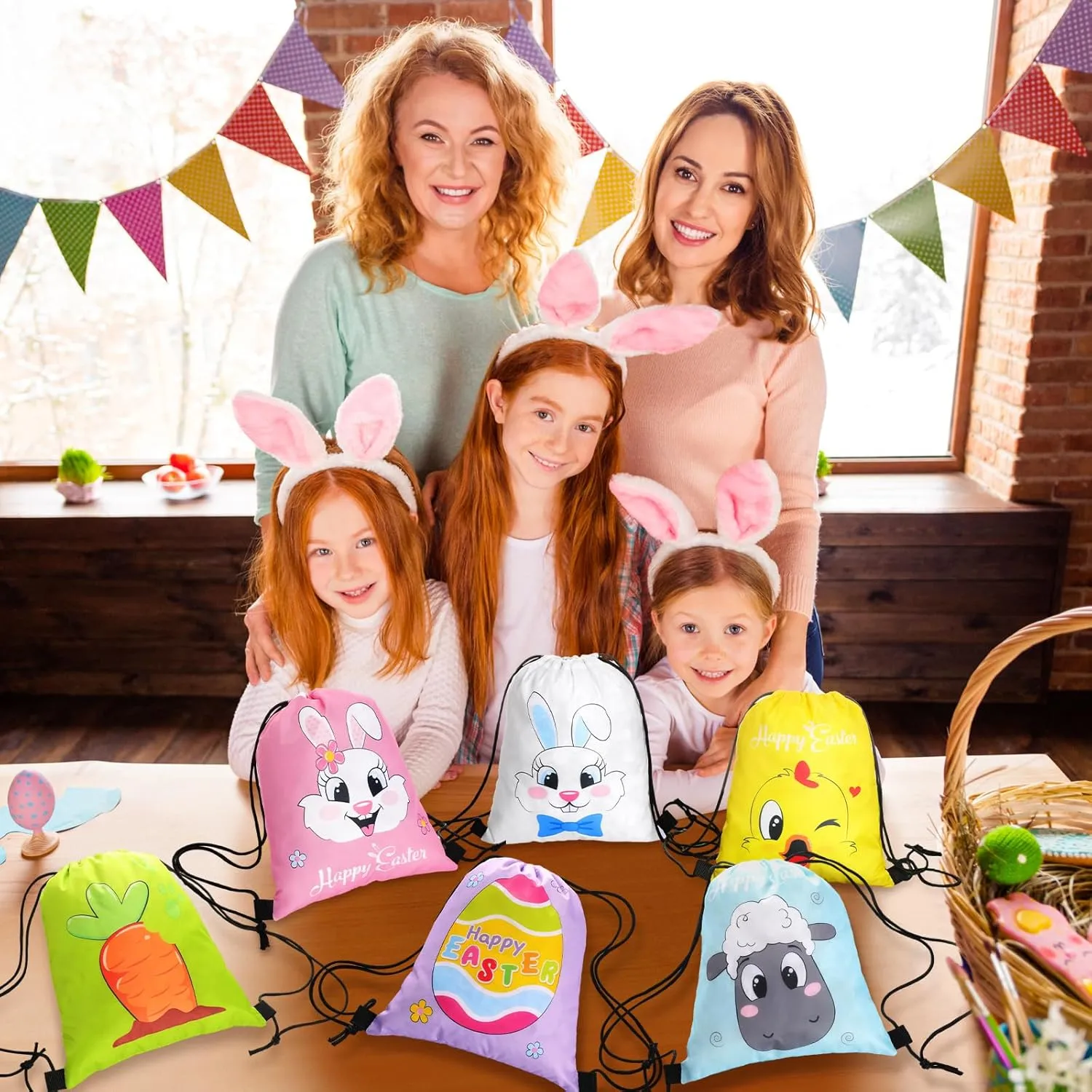 Censen 24 Pcs Easter Drawstring Bags Set Bulk 12 x 10 Inch Easter Favor Bags Rabbit Egg Chick Favor Gift Bag for Kids Gift Party Supplies