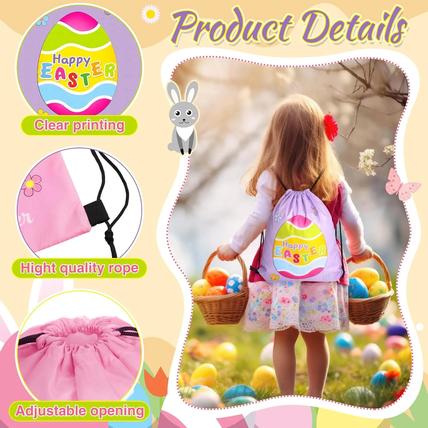 Censen 24 Pcs Easter Drawstring Bags Set Bulk 12 x 10 Inch Easter Favor Bags Rabbit Egg Chick Favor Gift Bag for Kids Gift Party Supplies