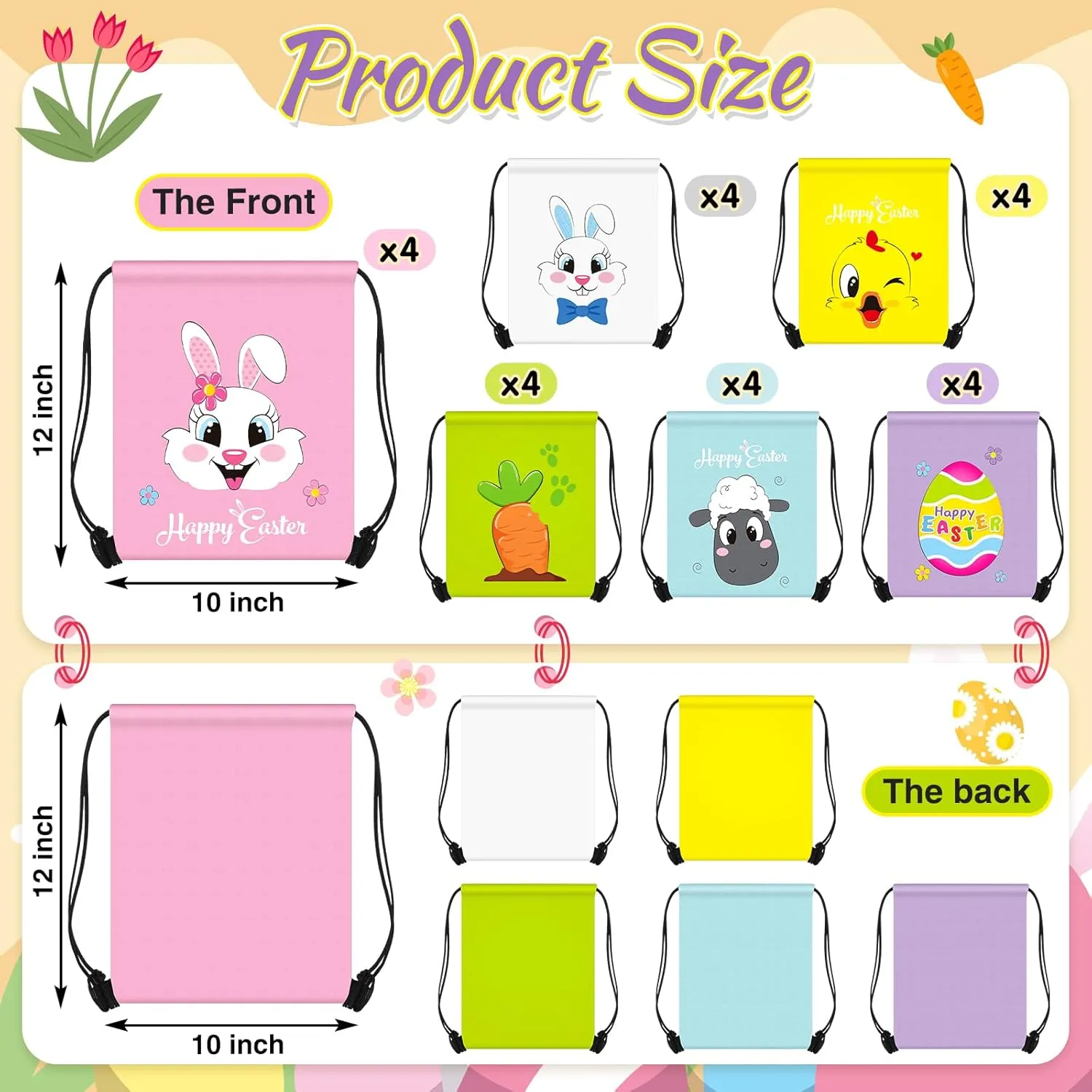Censen 24 Pcs Easter Drawstring Bags Set Bulk 12 x 10 Inch Easter Favor Bags Rabbit Egg Chick Favor Gift Bag for Kids Gift Party Supplies