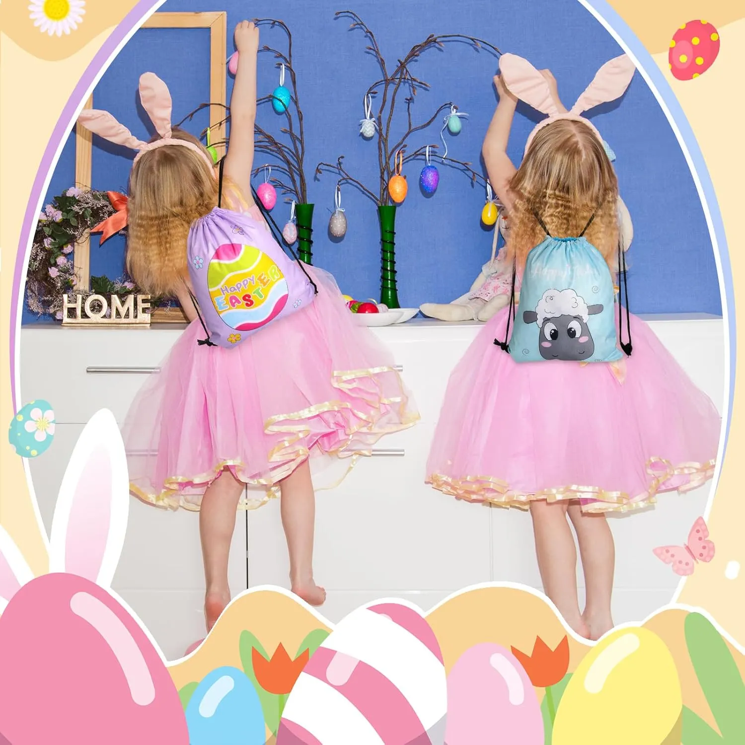 Censen 24 Pcs Easter Drawstring Bags Set Bulk 12 x 10 Inch Easter Favor Bags Rabbit Egg Chick Favor Gift Bag for Kids Gift Party Supplies