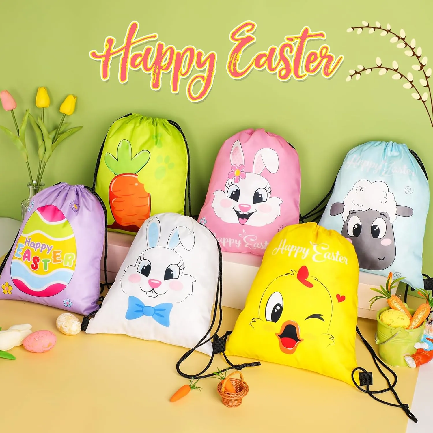 Censen 24 Pcs Easter Drawstring Bags Set Bulk 12 x 10 Inch Easter Favor Bags Rabbit Egg Chick Favor Gift Bag for Kids Gift Party Supplies
