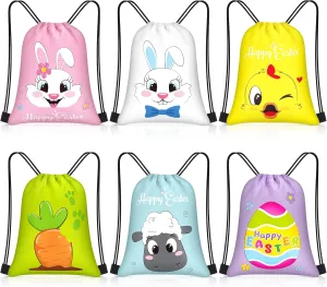 Censen 24 Pcs Easter Drawstring Bags Set Bulk 12 x 10 Inch Easter Favor Bags Rabbit Egg Chick Favor Gift Bag for Kids Gift Party Supplies