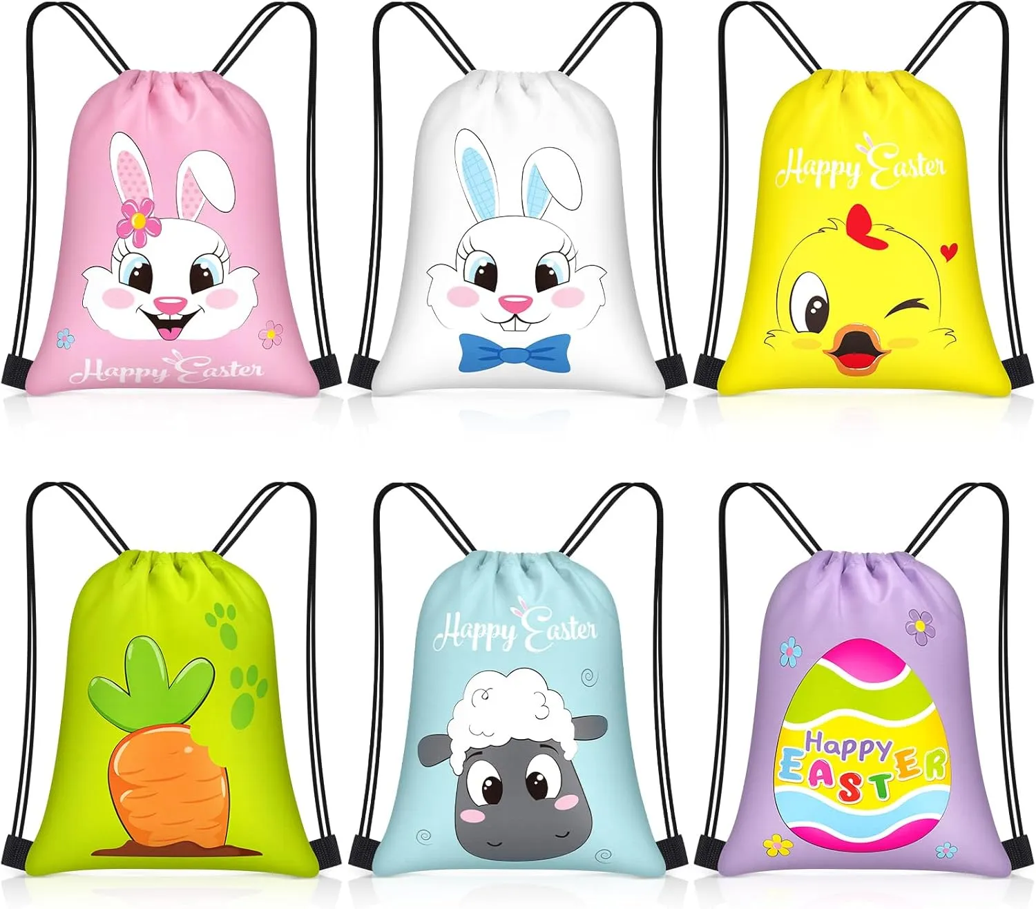 Censen 24 Pcs Easter Drawstring Bags Set Bulk 12 x 10 Inch Easter Favor Bags Rabbit Egg Chick Favor Gift Bag for Kids Gift Party Supplies