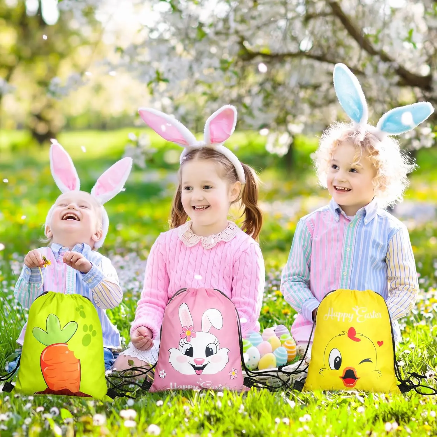 Censen 24 Pcs Easter Drawstring Bags Set Bulk 12 x 10 Inch Easter Favor Bags Rabbit Egg Chick Favor Gift Bag for Kids Gift Party Supplies