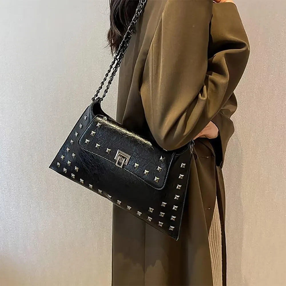 Chain Shoulder Handbag for Women Designer PU Leather Messenger Bag Rivet Hobo Purse Retro Crossbody Bag for Daily Use