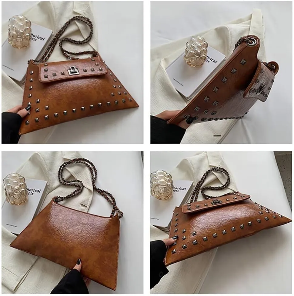 Chain Shoulder Handbag for Women Designer PU Leather Messenger Bag Rivet Hobo Purse Retro Crossbody Bag for Daily Use