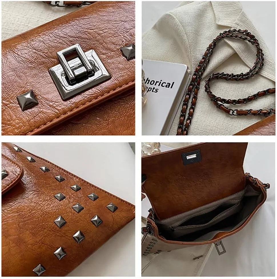Chain Shoulder Handbag for Women Designer PU Leather Messenger Bag Rivet Hobo Purse Retro Crossbody Bag for Daily Use
