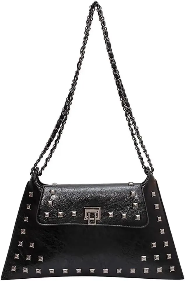 Chain Shoulder Handbag for Women Designer PU Leather Messenger Bag Rivet Hobo Purse Retro Crossbody Bag for Daily Use