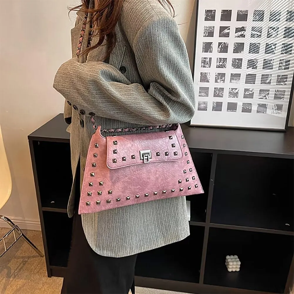 Chain Shoulder Handbag for Women Designer PU Leather Messenger Bag Rivet Hobo Purse Retro Crossbody Bag for Daily Use