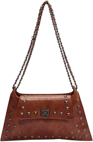 Chain Shoulder Handbag for Women Designer PU Leather Messenger Bag Rivet Hobo Purse Retro Crossbody Bag for Daily Use