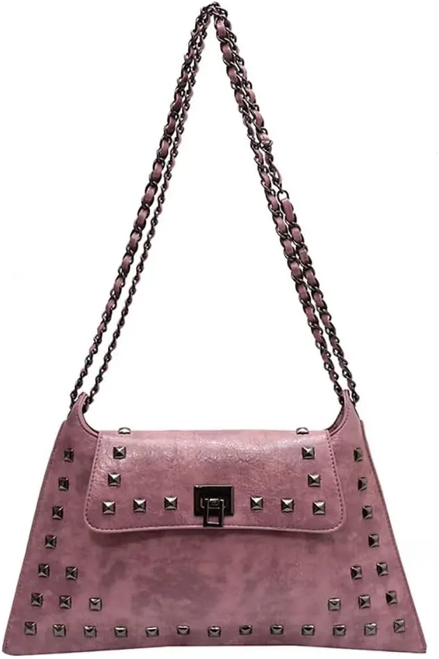 Chain Shoulder Handbag for Women Designer PU Leather Messenger Bag Rivet Hobo Purse Retro Crossbody Bag for Daily Use