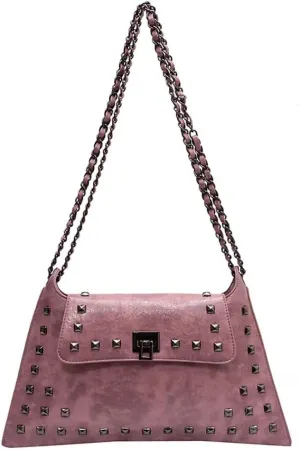 Chain Shoulder Handbag for Women Designer PU Leather Messenger Bag Rivet Hobo Purse Retro Crossbody Bag for Daily Use